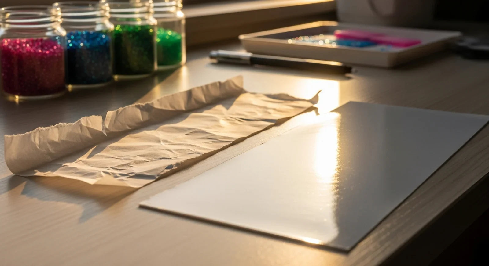 Comparison of torn thin release paper versus thick silicone-coated release paper on a craft workspace