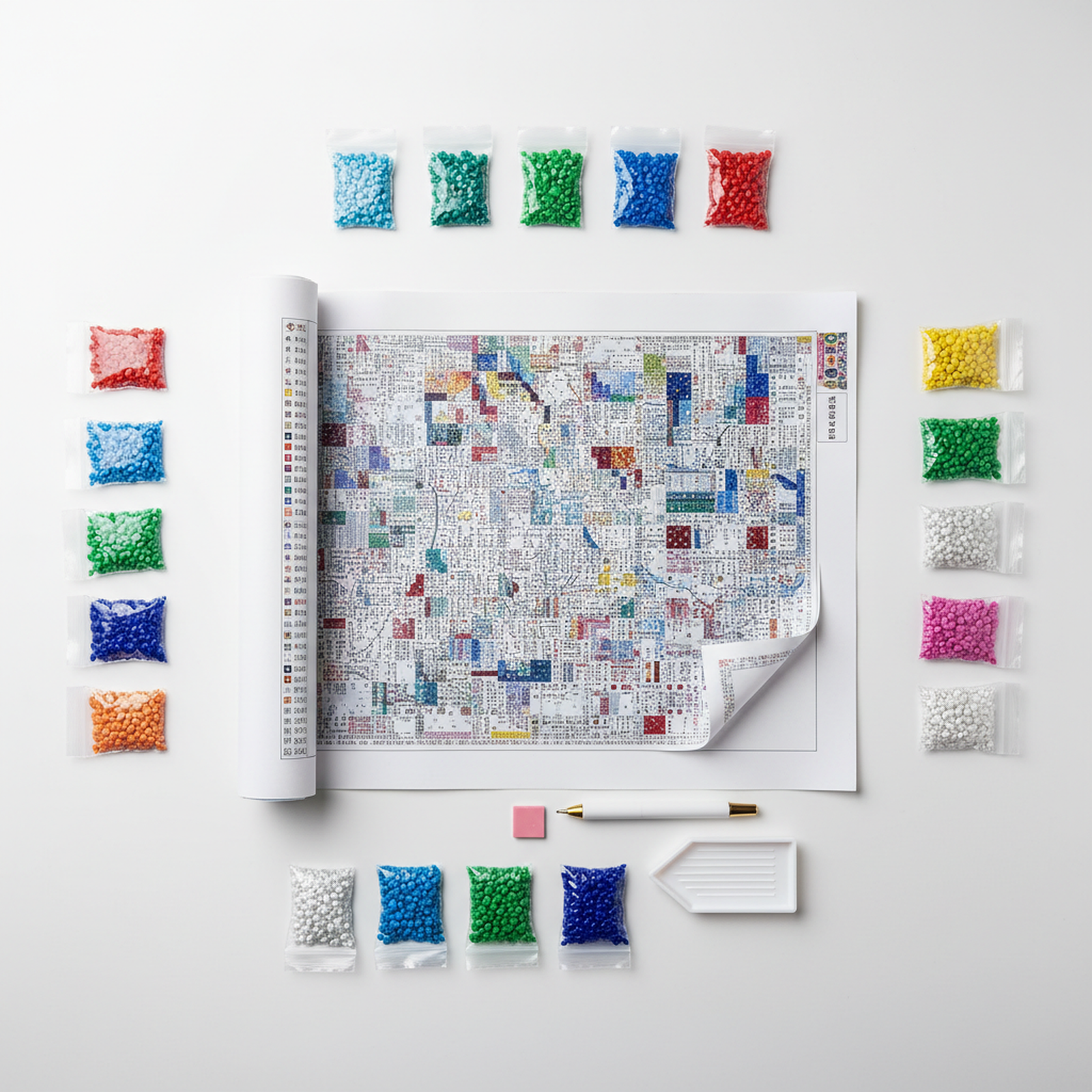 Complete diamond painting kit contents laid out including canvas, drills, applicator, and release paper