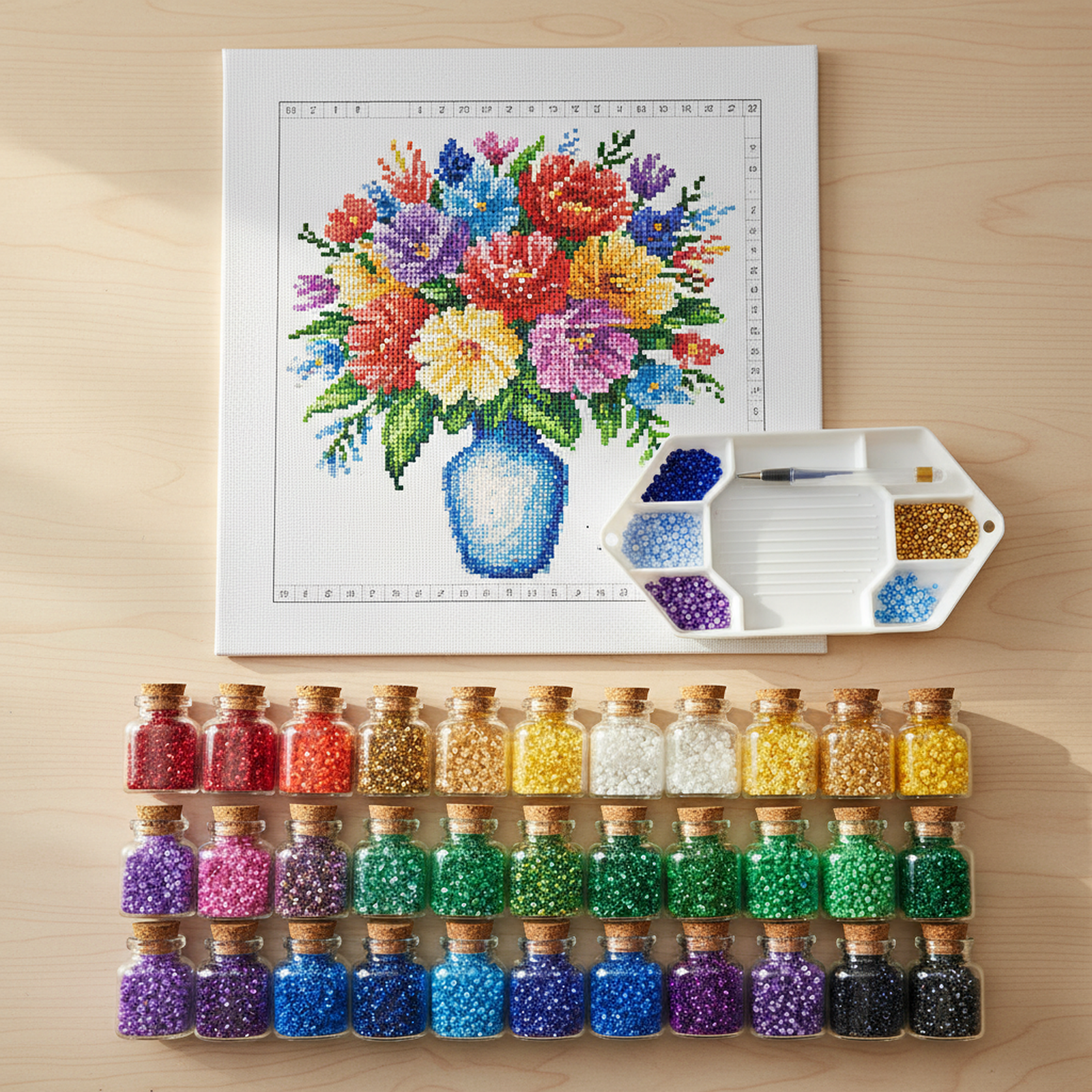 Organized diamond painting drill storage in clear glass jars sorted by color