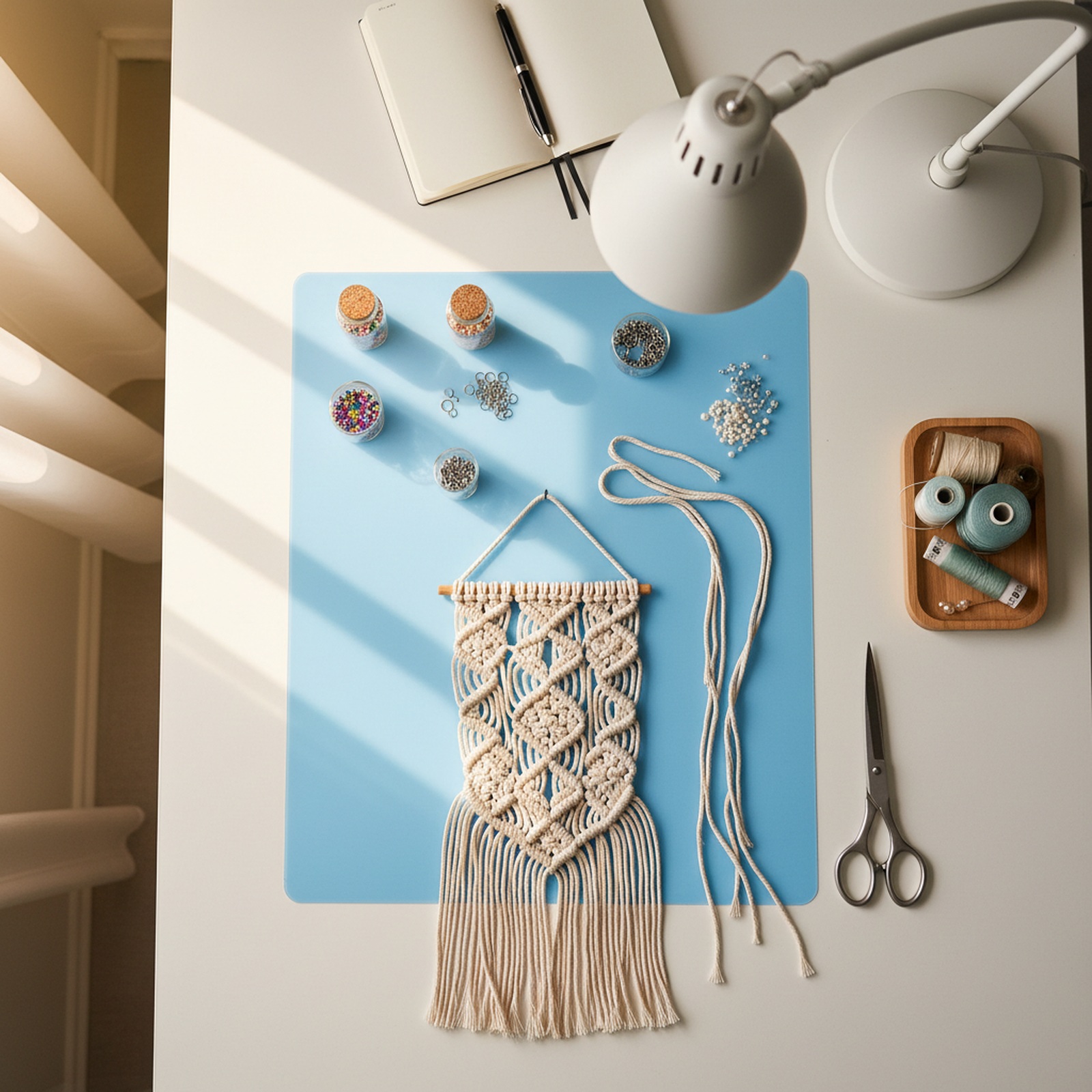 Organized craft workspace setup with supplies and tools on a clean white desk