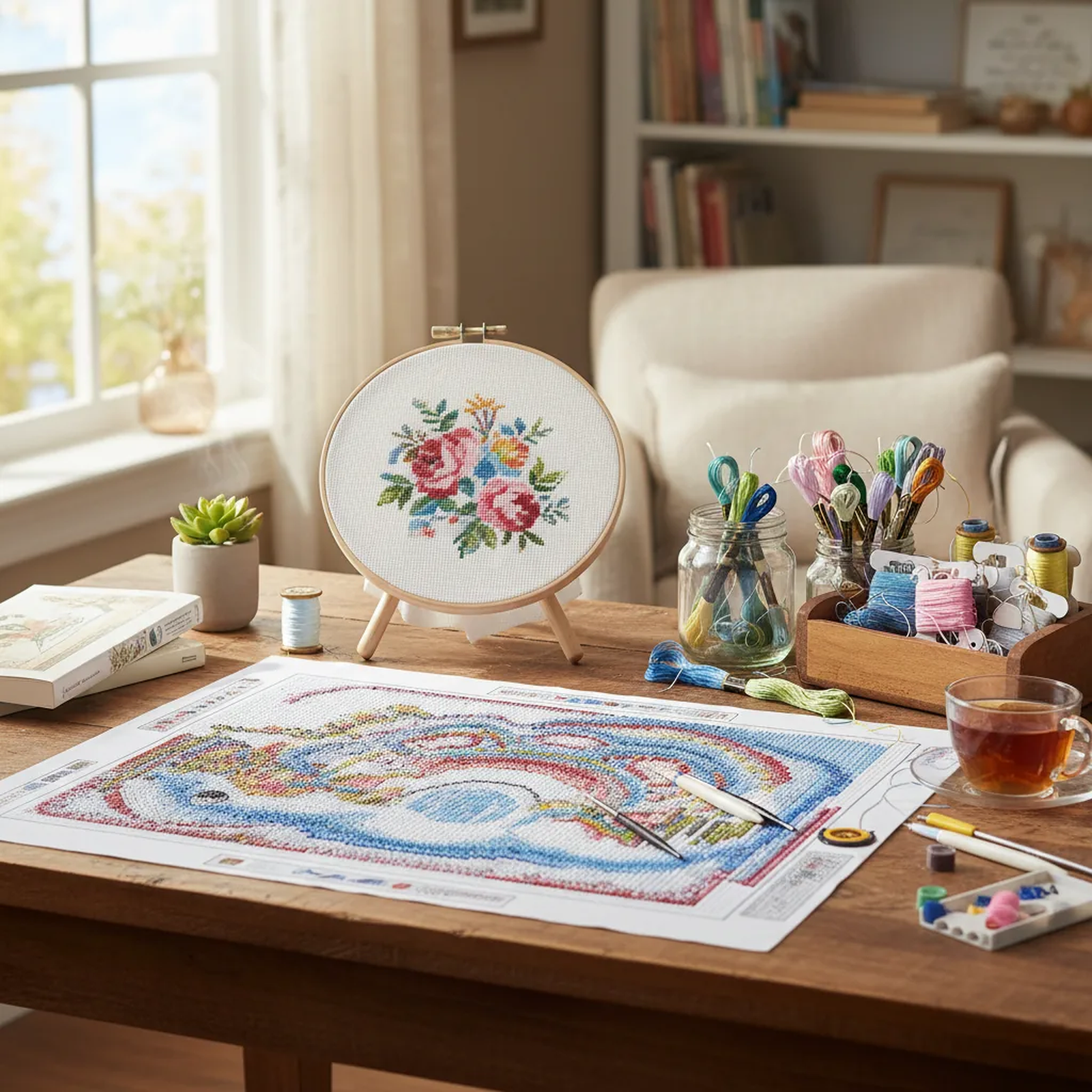 Diamond painting canvas and cross stitch hoop on a craft workspace table