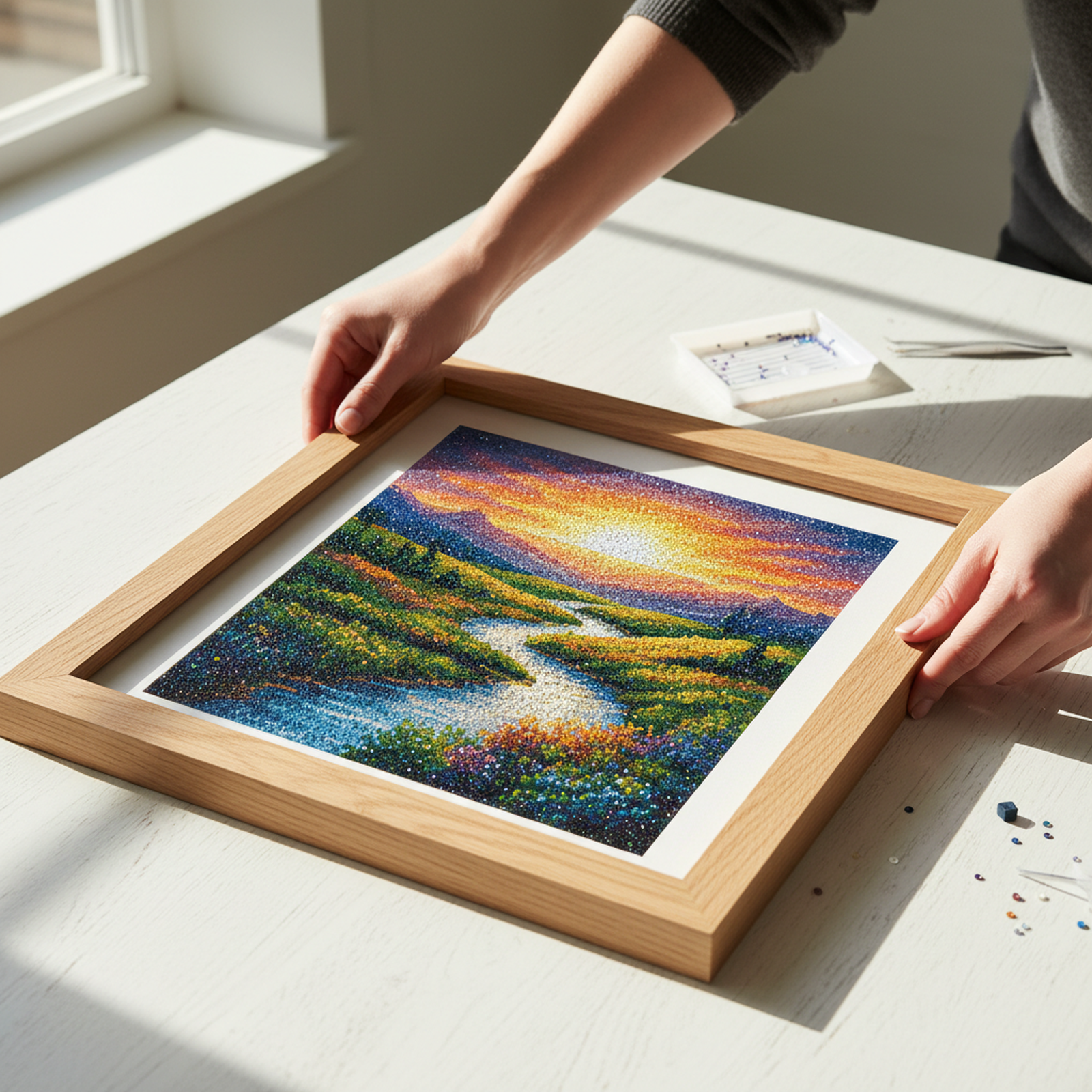 Placing a finished diamond painting into a wooden picture frame on a craft table