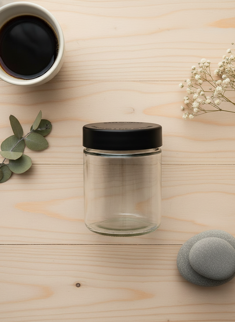 18 oz Child-Resistant Glass Jars (24 Pack) – Airtight, Odor-Proof Storage Packaging with Black Lids - Overhead Flatlay