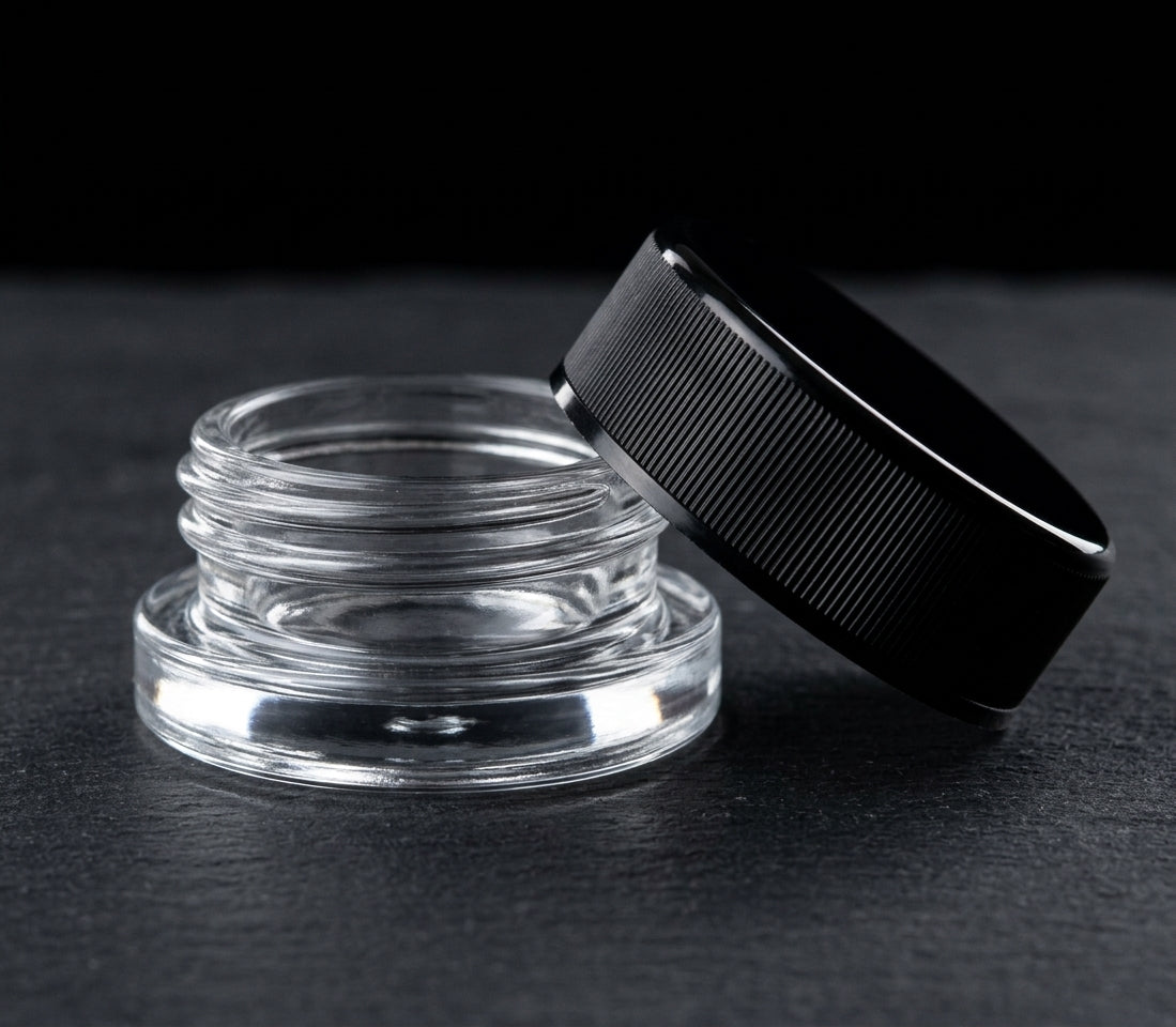 9ml Child Resistant Jar with ribbed black lid, editorial product shot