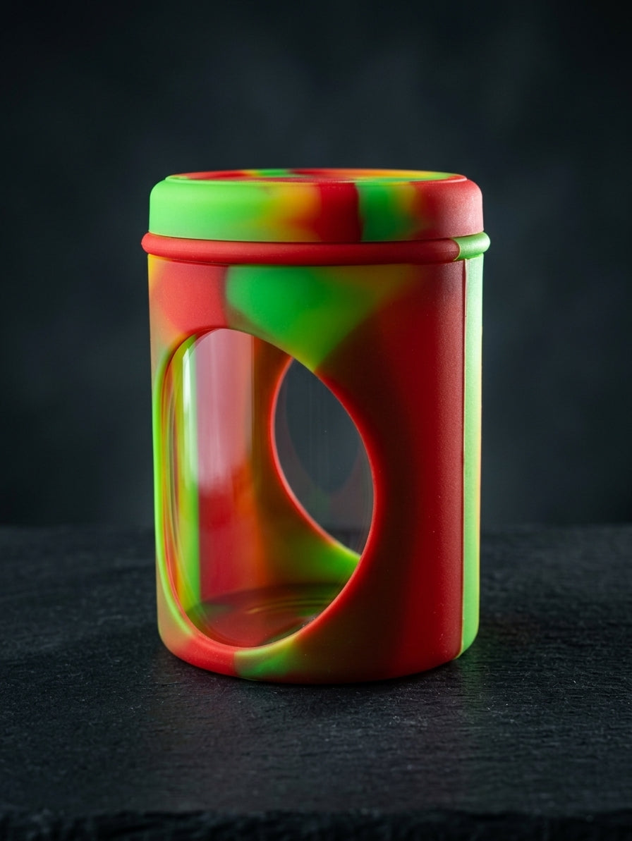 5oz Glass Jar with colorful silicone jacket and window, editorial product shot