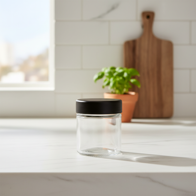 3oz Glass Jar with Black CR Lid - Kitchen Lifestyle