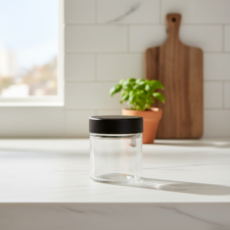 3oz Glass Jar with Black CR Lid - Kitchen Lifestyle