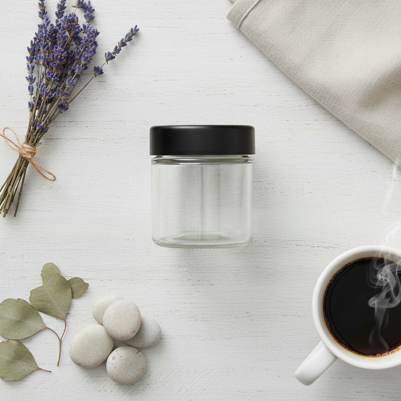 3oz Glass Jar with Black CR Lid - Overhead Flatlay