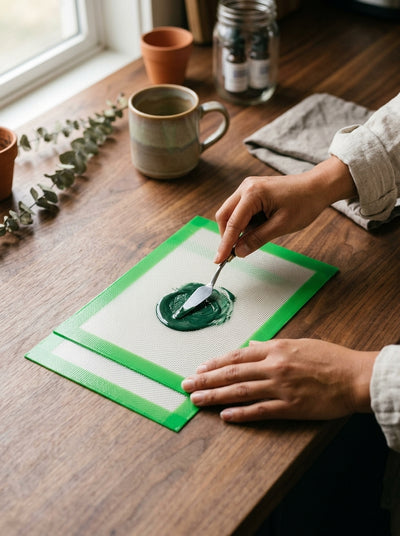 Tiny Silicone Pads Set of 2 — in use on a craft bench