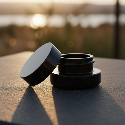 5ml UV Resistant Round Bottom Jar with Child Resistant Black Lids - Detail Closeup