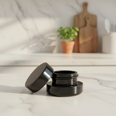 5ml UV Resistant Round Bottom Jar with Child Resistant Black Lids - Kitchen Lifestyle