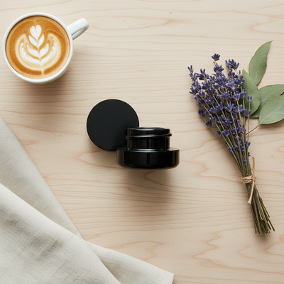 5ml UV Resistant Round Bottom Jar with Child Resistant Black Lids - Overhead Flatlay