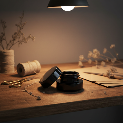 5ml UV Resistant Round Bottom Jar with Child Resistant Black Lids - Workspace Scene