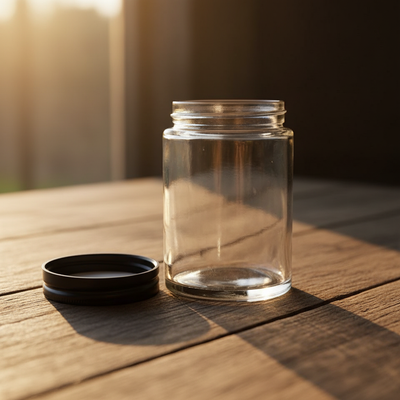 5oz Glass Jar with Black CR Lid - Detail Closeup