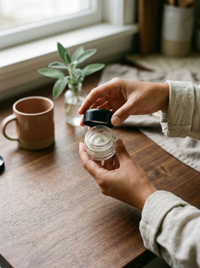 5ml Round Bottom Child Resistant Jar with Black Lids — in use on a craft bench