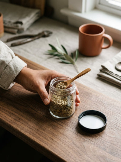 5oz Glass Jar with Black CR Lid — in use on a craft bench