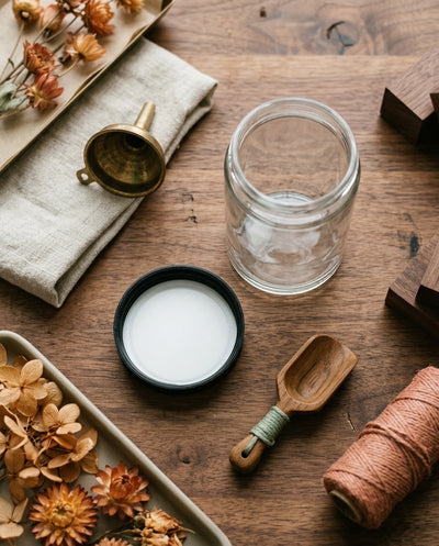 5oz Glass Jar with Black CR Lid — workspace flatlay