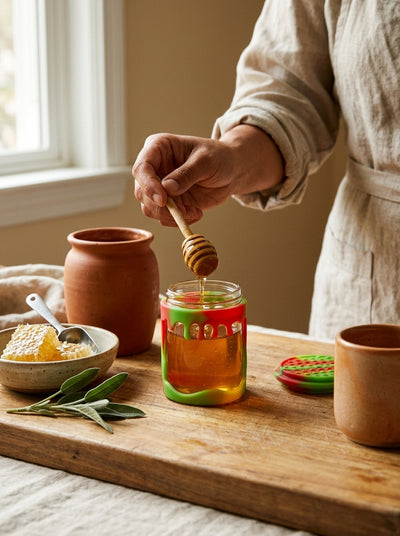 3oz Honey Jar with Silicone Jacket — in use on a craft bench