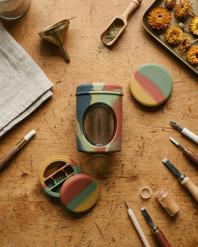 5oz Jar with Silicone Jar Jacket and Secret Container — workspace flatlay