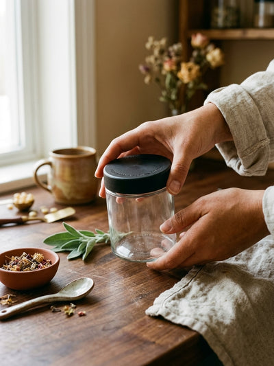 18 oz Child-Resistant Glass Jars (24 Pack) - Airtight, Odor-Proof Specialty Packaging with Black Lids — in use on a craft bench