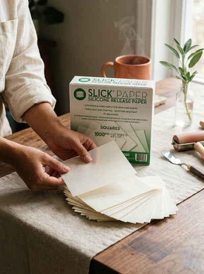 Oil Slick Non-Stick PRECUT Paper 4.5" x 4.5" — in use on a craft bench