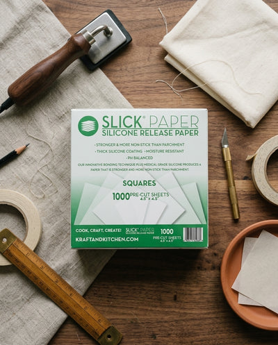 Oil Slick Non-Stick PRECUT Paper 4.5" x 4.5" — workspace flatlay