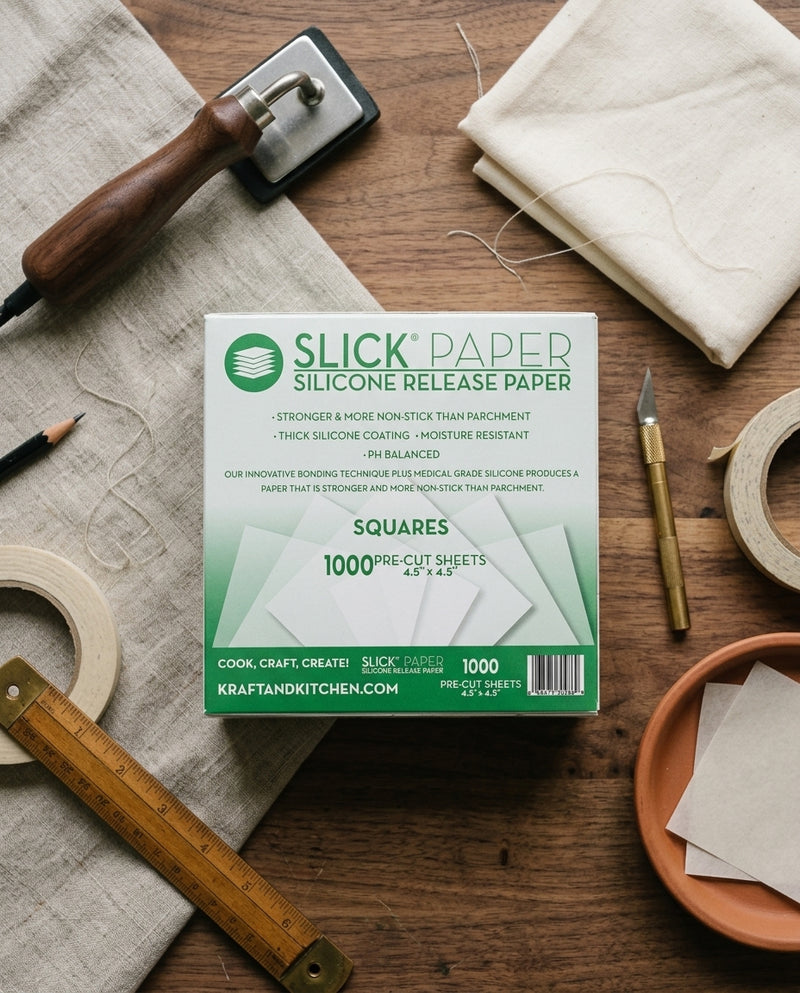 Oil Slick Non-Stick PRECUT Paper 4.5" x 4.5" — workspace flatlay