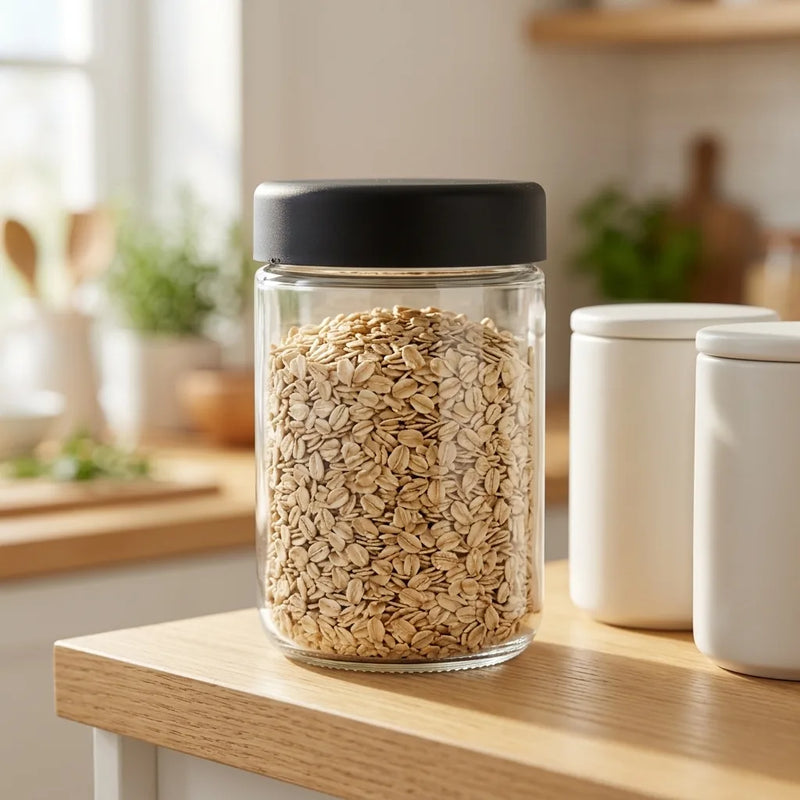 18 oz glass jar with airtight black lid storing rolled oats on a kitchen shelf