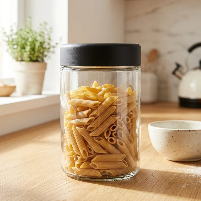 18 oz glass storage jar with black lid filled with dry pasta on a kitchen counter