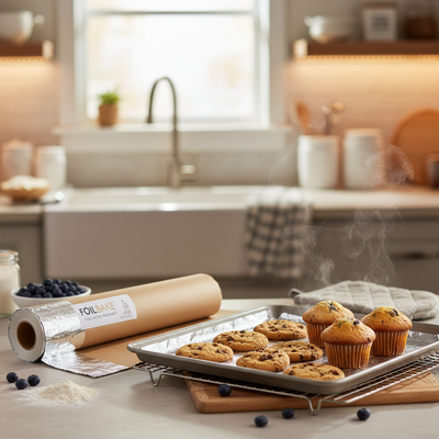 Lifestyle use case image for kraft kitchen wrap foil backed parchment with waterproof membrane