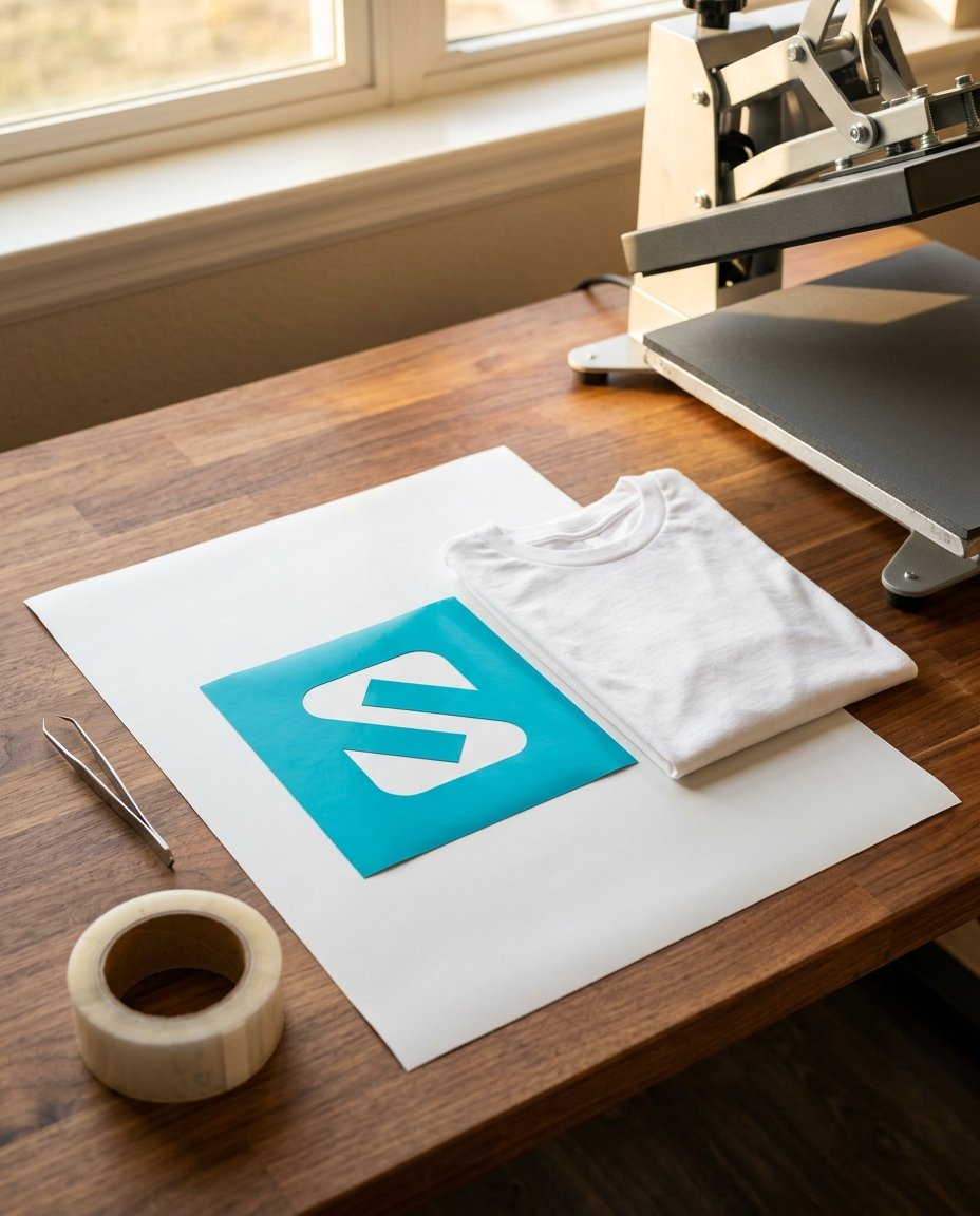 White PTFE sheet with turquoise heat transfer vinyl and a folded white t-shirt on a wooden craft table.