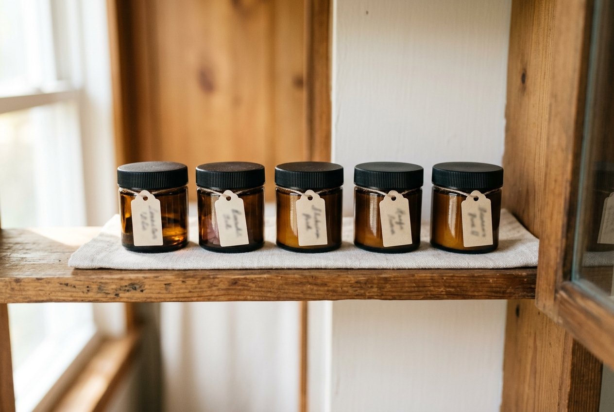 Five matching amber glass jars with hand-tied kraft tags on a wooden shelf.