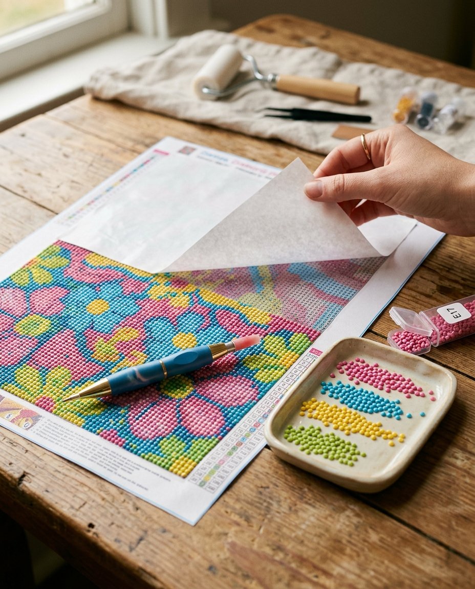 Diamond painting canvas with release paper peeling back, a pick-up pen, and a tray of colorful drill beads.